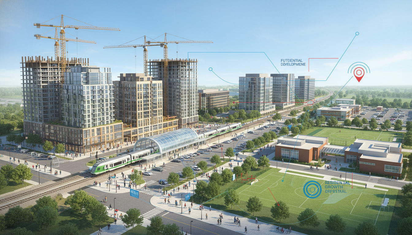 Aerial view of Milton, Ontario with new developments: construction cranes, mid-rise buildings, GO train station, business park, parks, and overlay planning map markers.
