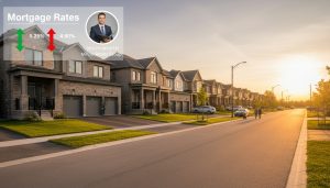 Milton Ontario homes at sunset with mortgage rates infographic overlay and realtor inset