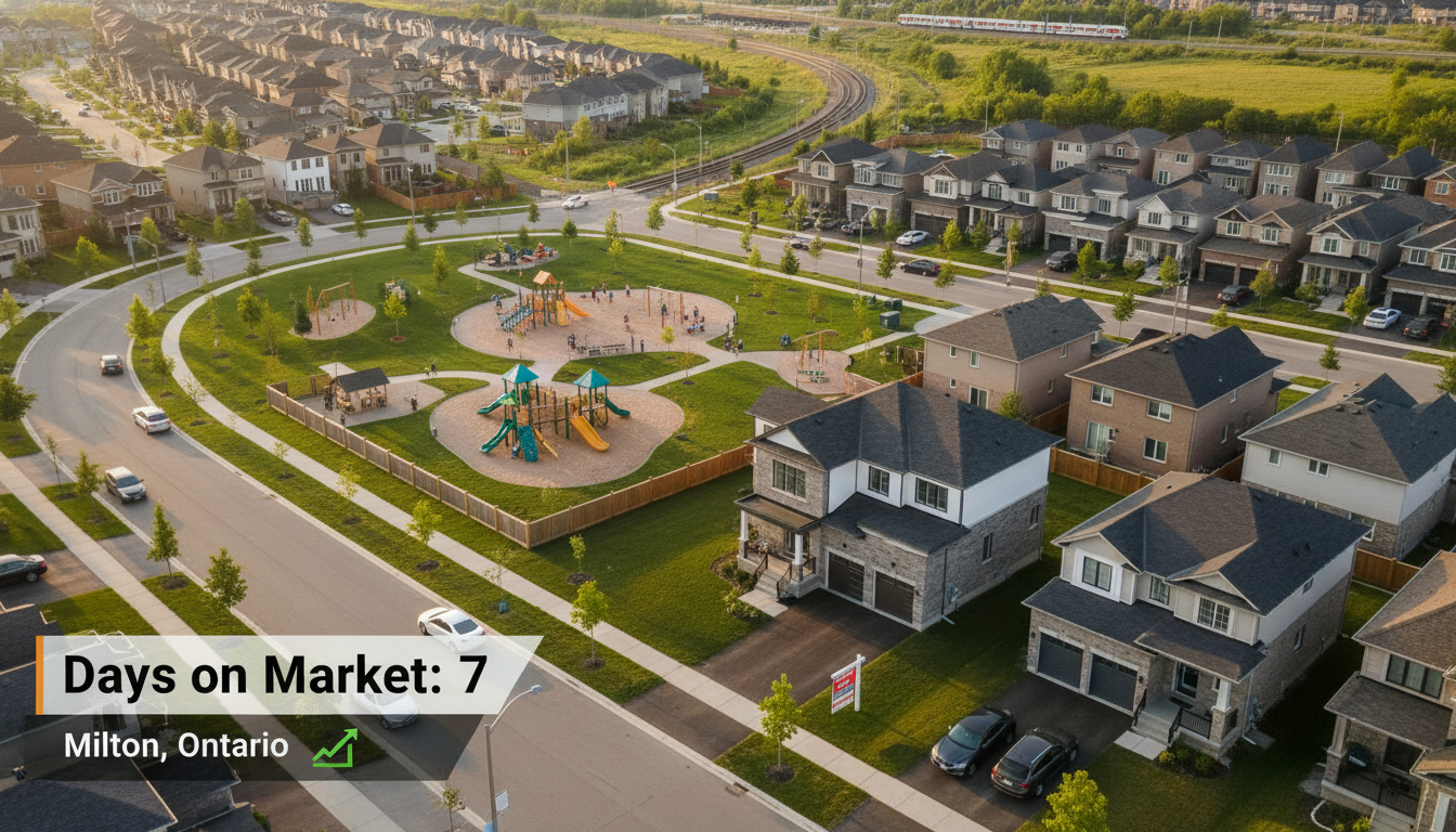 A modern Milton, Ontario home with a 'SOLD' sign and a graphic overlay showing days on market, aerial suburban neighborhood view.