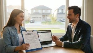 Homebuyer and realtor reviewing an Agreement of Purchase and Sale in a Milton, Ontario house with MLS listings on a laptop.