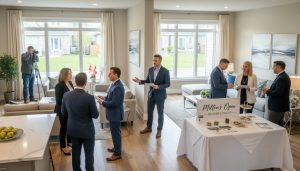 Real estate agents networking during a broker's open house inside a modern Milton, Ontario home