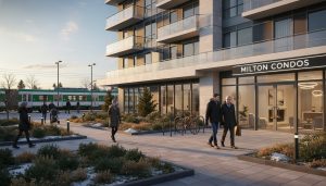 Modern Milton condo building with landscaped courtyard and commuter elements, showing residents and GO Train in distance.