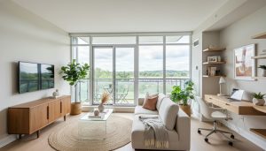 Staged modern Milton condo living room with balcony view and home office nook