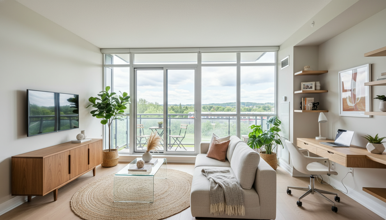 Staged modern Milton condo living room with balcony view and home office nook