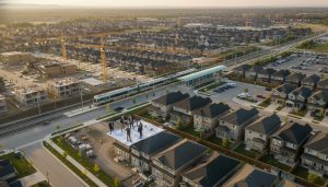 Aerial view of Milton neighborhood with new construction, cranes, and Milton GO train station nearby.