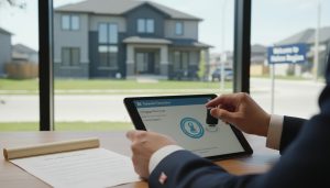 Milton Ontario home with mortgage discharge document and lawyer registering title electronically