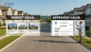 Milton residential street with split overlay: market value MLS listings and appraised value document with appraiser inspecting home.