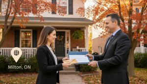 Buyer handing an offer packet and personal letter to a real estate agent in front of a suburban Milton Ontario home