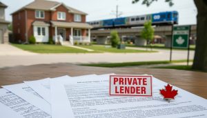 Mortgage documents labeled 'Private Lender' on a table with a Milton, Ontario neighbourhood and GO train visible in the background.