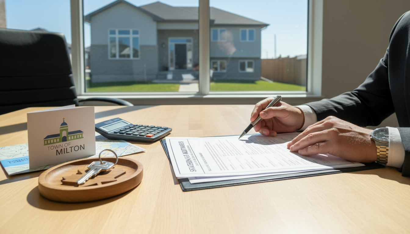 Lawyer reviewing statement of adjustments at a real estate closing in Milton, Ontario with files, calculator and house visible.