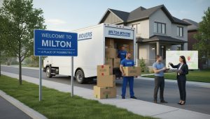 Moving truck outside a Milton, Ontario home with movers carrying labeled boxes and a realtor handing keys.