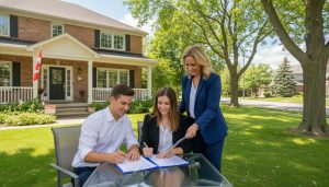 Young couple signing paperwork for a resale home in Milton, Ontario with realtor present