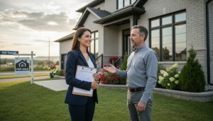 Real estate agent and homeowner reviewing buyer feedback outside a Milton, Ontario home during a showing