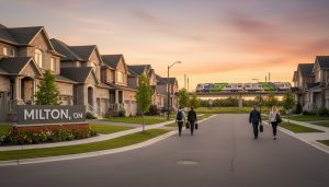 Milton Ontario suburban street with houses and Milton GO train in background at golden hour.