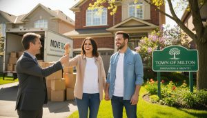Realtor handing keys to buyers in front of a Milton, Ontario home with moving boxes and truck