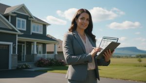 Realtor reviewing home inspection checklist outside a suburban home in Milton, Ontario with Niagara Escarpment in background