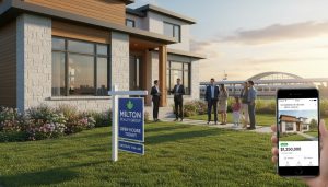 Modern Milton home with 'For Sale' sign, open house attendees, and a realtor guiding showings