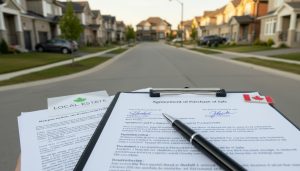 Signed real estate contract on clipboard with Milton, Ontario houses blurred in background