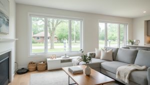 Tidy staged living room in a Milton family home with toy baskets, robot vacuum, and park visible outside