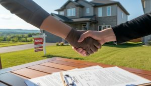 Buyer and seller handshake in front of a Milton, Ontario home with contract and checklist visible on a table