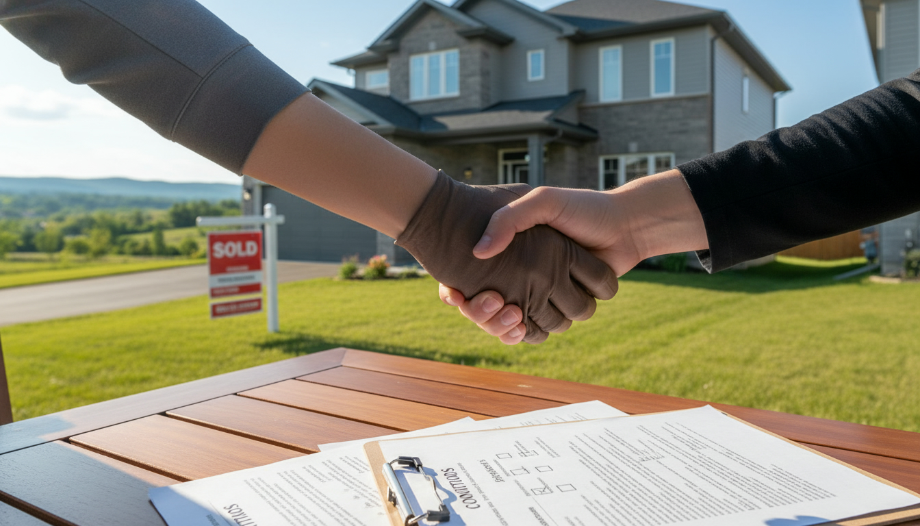 Buyer and seller handshake in front of a Milton, Ontario home with contract and checklist visible on a table