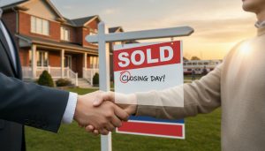 Milton Ontario house with SOLD sign, handshake, and calendar showing 21-day quick close