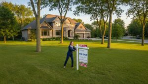 Realtor putting a For Sale sign on a large estate home lawn in Milton, Ontario during golden hour