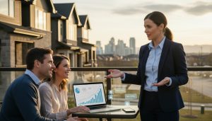 Real estate agent giving market updates to homeowners near Milton, Ontario with charts and smartphone alerts.
