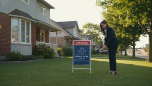 Suburban Milton, Ontario home with a For Sale sign and realtor on the lawn
