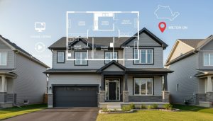 Modern suburban home in Milton, Ontario with a transparent floor plan overlay and digital marketing icons.