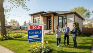 Modern Milton Ontario home with sold sign on a sunny spring day and a realtor speaking with homeowners