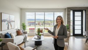 Real estate agent showing a modern Milton Ontario home near the GO station with a For Sale sign.