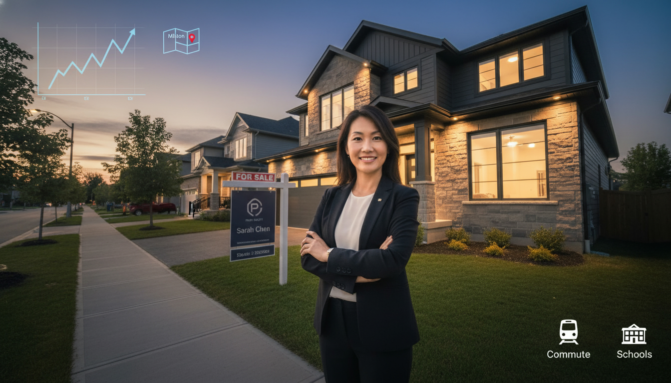 Real estate agent in front of a Milton, Ontario home with market graph overlay and Milton map pinpoint