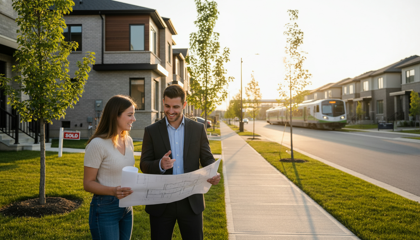 Young buyers and agent reviewing house plans in front of a Milton townhome near GO transit station