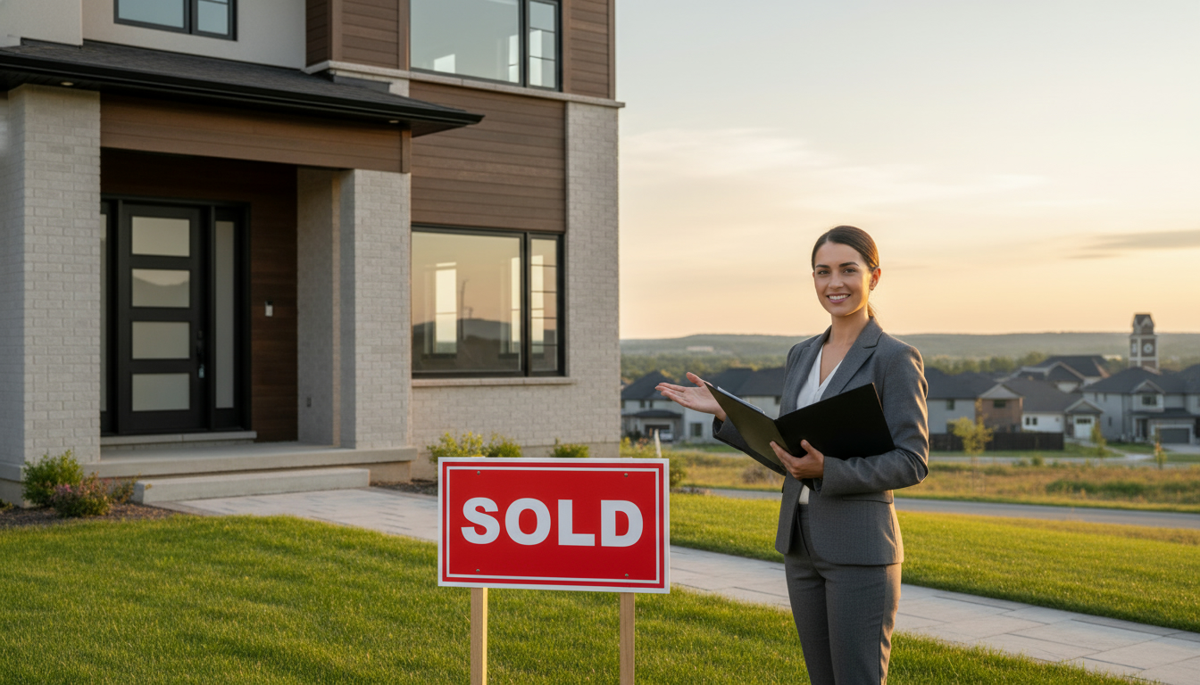 Milton Ontario house with SOLD sign and real estate agent on front lawn