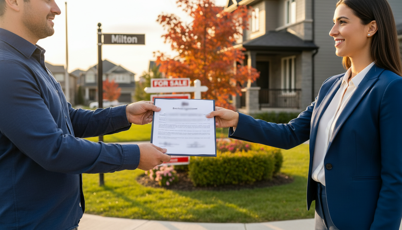 Realtor and homeowner handshake over a signed exclusive agreement in front of a Milton, Ontario house