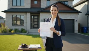 Milton realtor holding signed real estate contract in front of a suburban home with legal documents and gavel