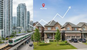 Split-view of Milton condos by GO station and suburban detached homes with an overlaid rising financial graph