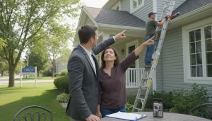 Realtor and homeowner inspecting repairs on a Milton, Ontario home while a contractor works on the eavestrough, clipboard with inspection checklist visible