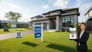 Milton house with open house sign and realtor holding a smartphone showing a virtual tour, QR-coded lawn sign visible