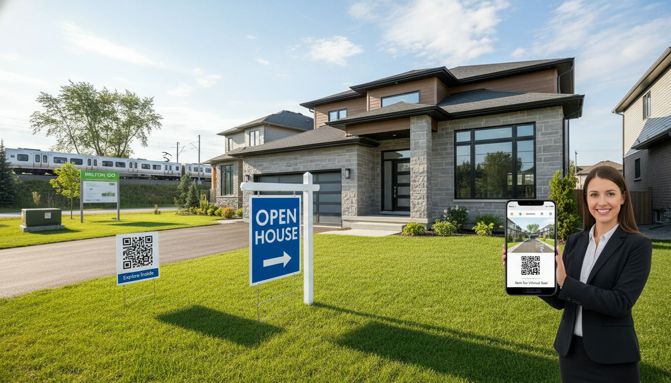 Milton house with open house sign and realtor holding a smartphone showing a virtual tour, QR-coded lawn sign visible