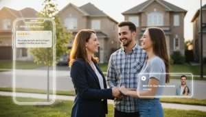 Real estate agent with clients in suburban Milton showing a smartphone with testimonials and five-star review