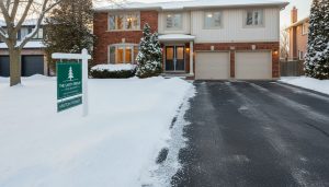Staged Milton Ontario house in winter with cleared pathway and warm interior lighting