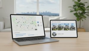 Digital real estate marketing dashboard displaying Milton, Ontario map, listing photos, social media icons, and ad performance graphs.