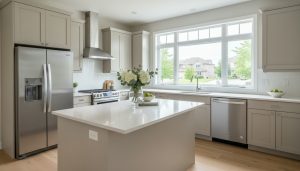 Staged modern kitchen with stainless steel appliances in a Milton home