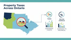 Map of Ontario highlighting Milton with icons for property taxes and assessment charts