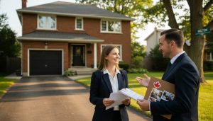 Broker reviewing inspection reports with homeowner in front of older Milton Ontario brick house