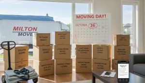 Packed moving boxes, calendar showing moving date, moving truck outside with Milton Escarpment silhouette visible