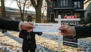 Milton Ontario house 'Sold' sign with hands exchanging a certified cheque, representing deposit for a real estate offer.