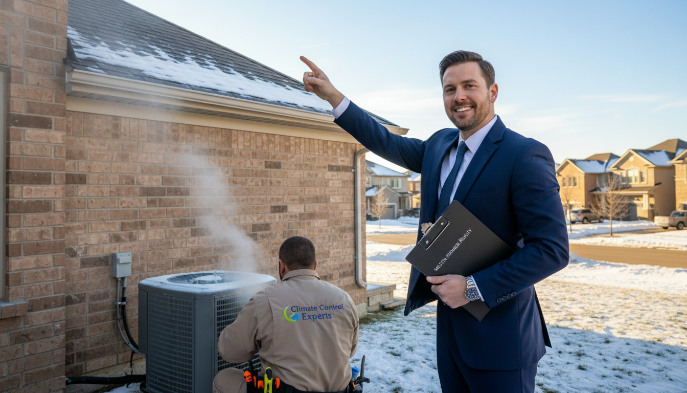 Milton real estate agent and HVAC technician inspecting roof and outdoor AC unit in a suburban Milton neighborhood